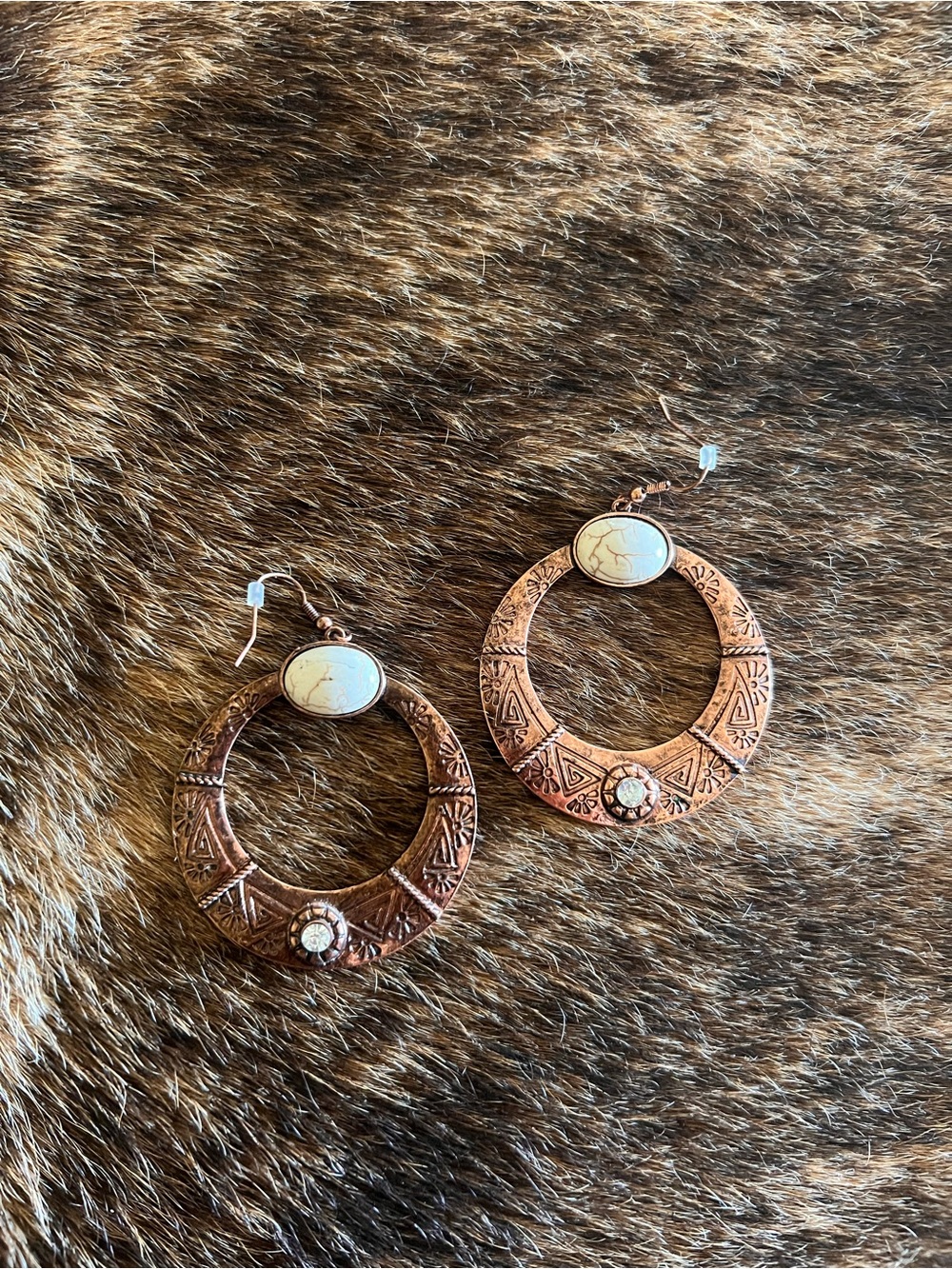 Copper-Tone Hoop Earrings with Cream Stone Accents